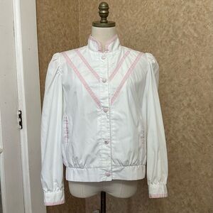 VTG 80s Retro White & Pink Snap Button Puff Shoulder Bomber Jacket